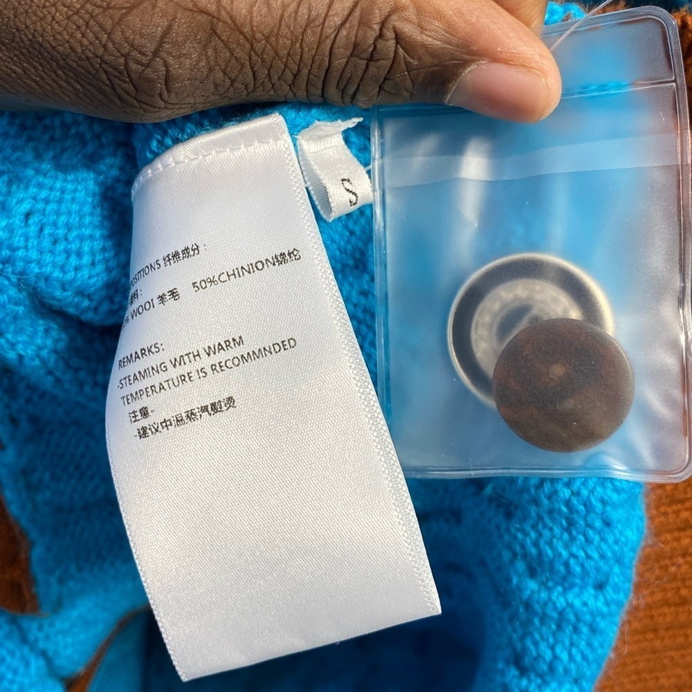 Motoguo Mr.Rogers Lake Blue & Brown Button Up Knit Sweater Oversized S/M - Picture 7 of 10